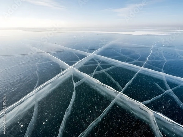 Fototapeta Cracked Ice Surface Frozen Lake Baikal's Natural Patterns in Winter Landscape