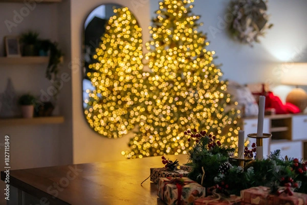 Obraz Warm Christmas setting with decorated table, wrapped gifts, and blurry festive lights. Cozy holiday background