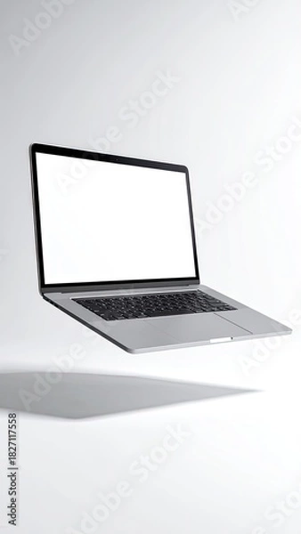 Obraz Floating laptop with blank screen, shadow cast on a white background
