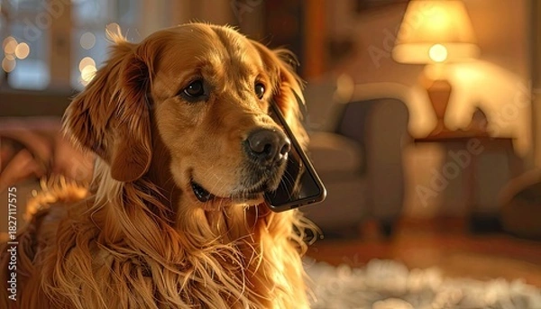 Obraz Golden Retriever holding smartphone, lit by warm light, looking concerned in a home