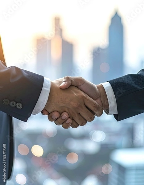 Obraz Two suited individuals shaking hands in a business deal setting. City backdrop