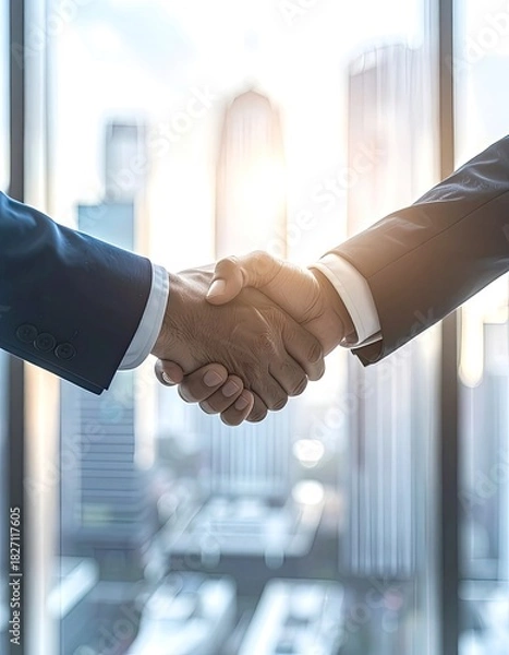 Obraz Two suited individuals shaking hands with city skyscrapers visible