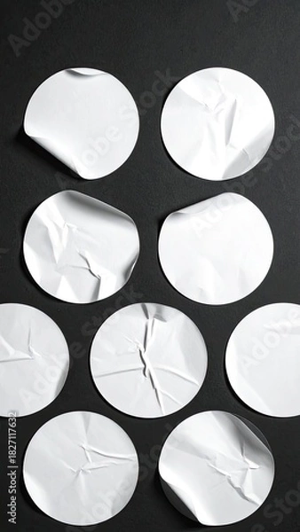 Obraz Vertical shot of white, wrinkled circle stickers on a black surface