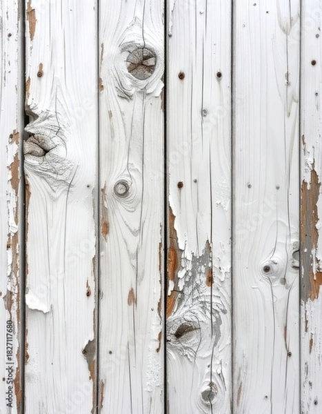 Obraz Weathered, vertical white wood with peeling paint, knots, and rustic texture