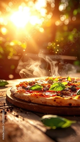 Obraz Steaming pizza on wood, golden sun, fresh basil, rustic scene