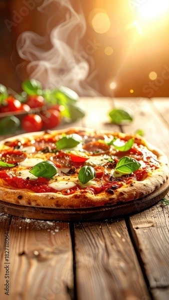 Obraz Hot pizza with basil, tomatoes, wood table, and steam, lit by sunlight