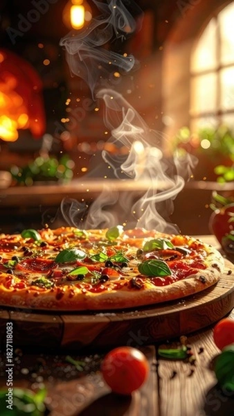 Obraz Steaming pizza on a wooden board in a brick oven setting with tomatoes and herbs