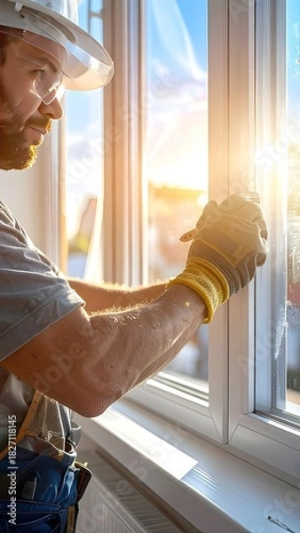 Obraz Construction worker installing window, sunlight streaming in, detail