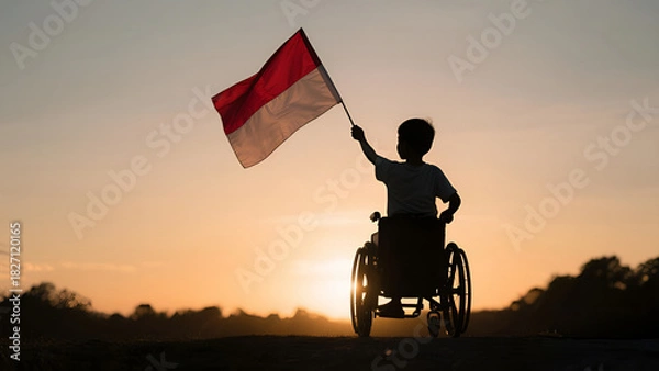 Fototapeta A silhouette of a child in a wheelchair holding the Indonesian flag against a vibrant sunset sky. A powerful image of inclusivity, patriotism and hope.