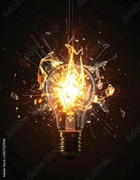 Fototapeta Exploding lightbulb with bright light and shattered glass against dark background