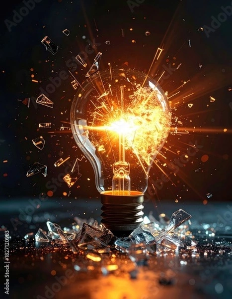 Fototapeta Bursting lightbulb explodes with energy, sparking shards. Concept of innovation