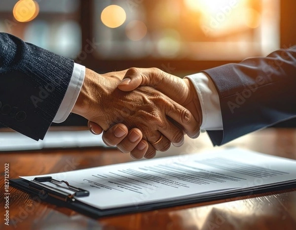 Fototapeta Close up of two hands shaking over contract papers; business agreement and deal