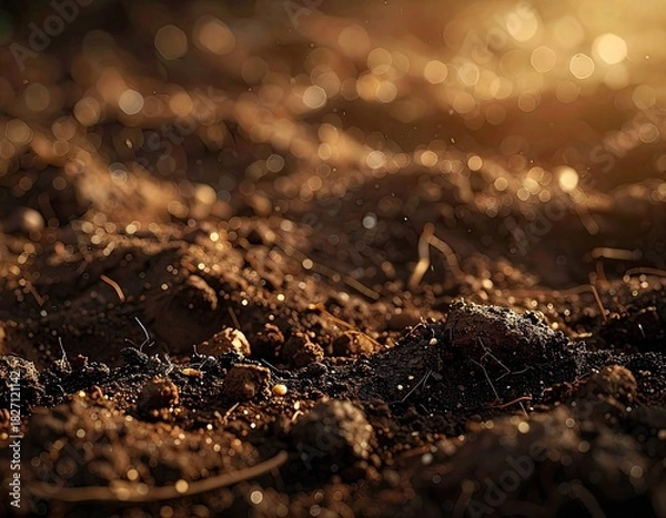 Fototapeta Close-up of rich, dark soil illuminated by sunlight, earthy texture