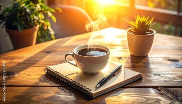 Fototapeta Steaming coffee, notepad, pen, sunlight on a wooden table, with small plants
