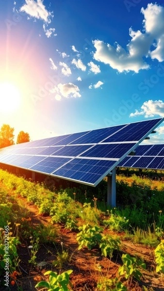 Fototapeta Array of solar panels in a sunny field under blue sky, eco-friendly power