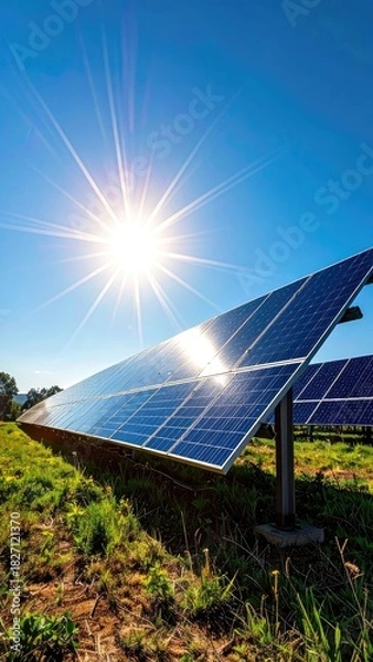 Fototapeta Solar panels in a field absorb bright sun, generating renewable energy
