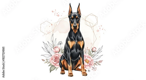 Fototapeta "Elegant Guardian Doberman",
"Floral Protector Spirit",
"Royal Bloom Doberman", generation iA