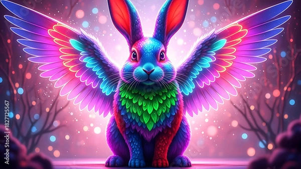 Fototapeta Enchanted Animal Kingdom of Wings of Light", "Guardian Animals of Magical Colors", "Free Soul of the Rainbow", "Neon Winged Dreams", "The Magic of Celestial Animals", generayion IA