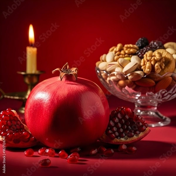 Obraz yalda night celebration pomegranate, bowl of nuts and a candle on a red background Iranian traditional culture