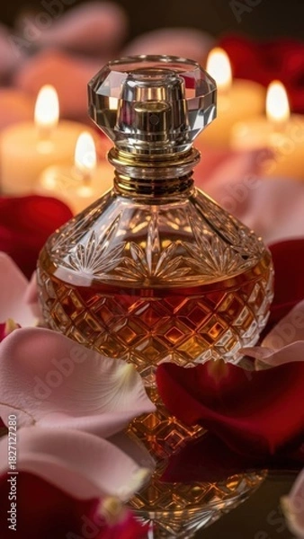 Fototapeta Luxurious perfume bottle with elegant crystal cap surrounded by romantic rose petals and soft candle glow