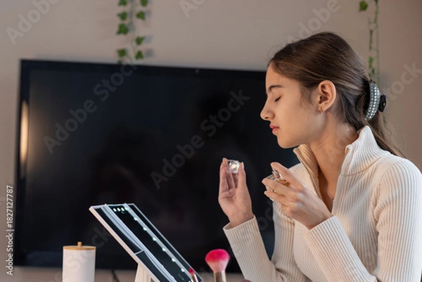 Obraz Teen girl smelling perfume at vanity table. A young girl in a light sweater sniffs a perfume bottle while seated at a makeup table, surrounded by beauty products and a mirror.
