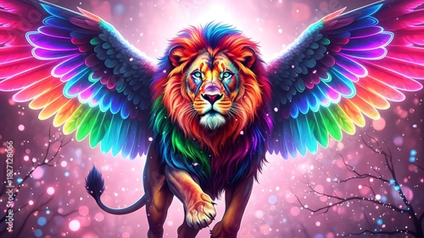 Fototapeta Enchanted Animal Kingdom of Wings of Light, Guardian Animals of Magical Color, Free Soul of the Rainbow, Neon Winged Dreams, The Magic of Celestial Animals, generatin IA