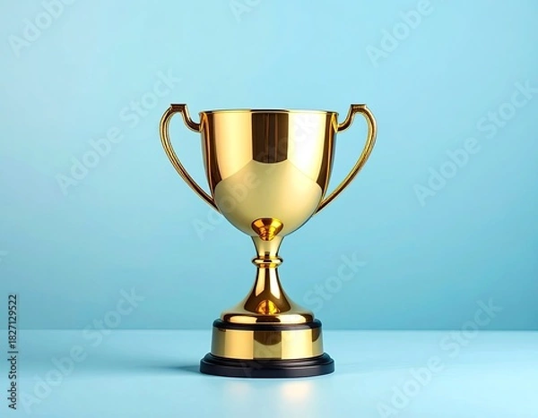 Fototapeta Golden trophy on a light blue surface, a symbol of achievement and victory