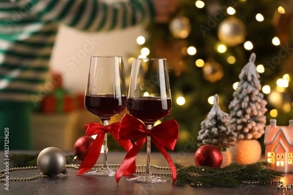 Obraz Glasses of red wine and Christmas decor on wooden table against background with blurred lights