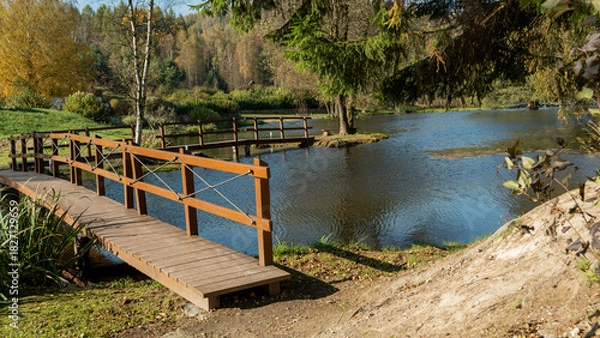 Obraz Wooden bridge over pond in autumn park