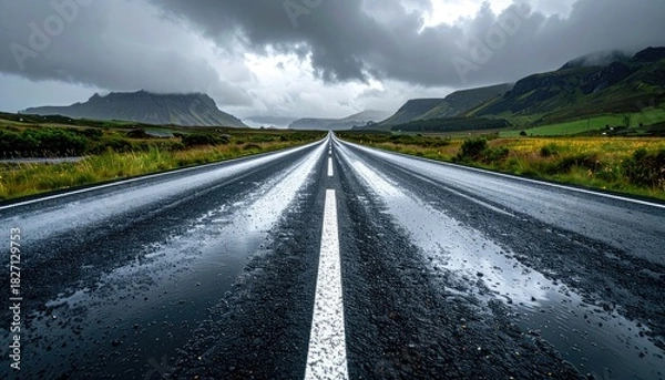 Fototapeta Wet, reflective highway stretches into the distance under a dramatic, cloudy sky