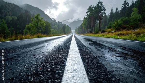 Fototapeta Wet road stretches into distance, flanked by lush trees & misty mountains