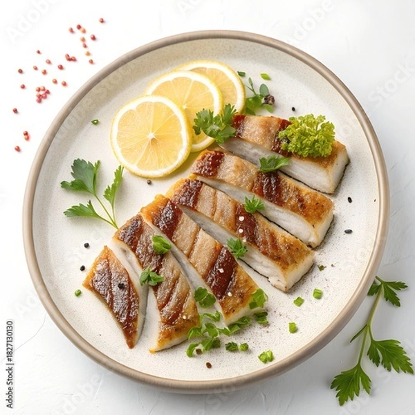 Fototapeta Grilled fish slices with lemon and herbs on a white plate.