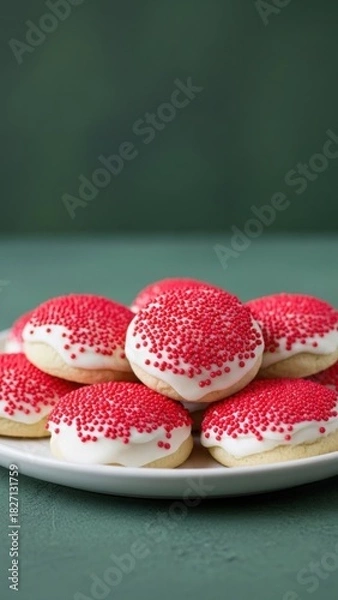 Fototapeta Homemade round sugar cookies generously coated with white frosting and vibrant red sprinkles, perfect festive holiday treats