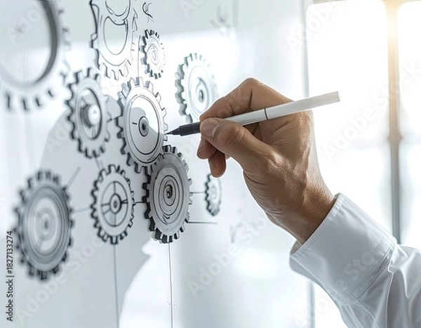 Fototapeta Hand sketching gears on whiteboard, showing design and innovation