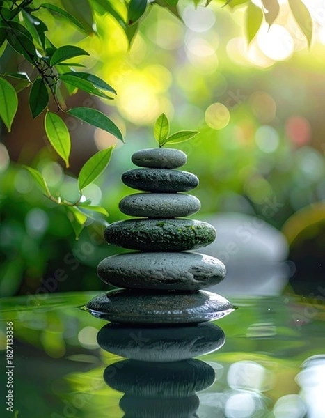 Fototapeta Stacked stones with green leaves, serene water reflection, and nature bokeh background