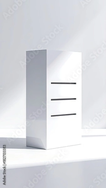 Fototapeta A minimalistic, white cube with three horizontal slits against a bright backdrop