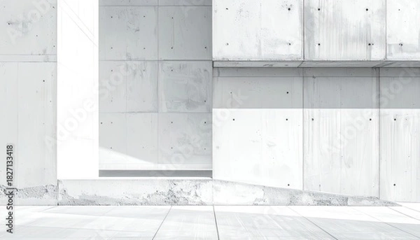 Fototapeta Architectural, stark white concrete structure, minimalist design with shadow