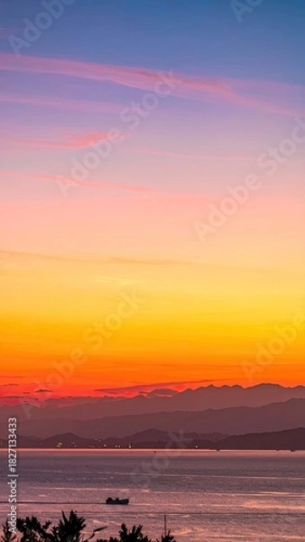 Fototapeta Vivid sunset colors over ocean, with hazy mountains and a boat silhouette