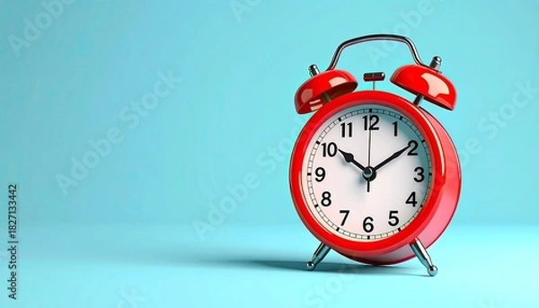 Fototapeta Red alarm clock on a blue background, showcasing time