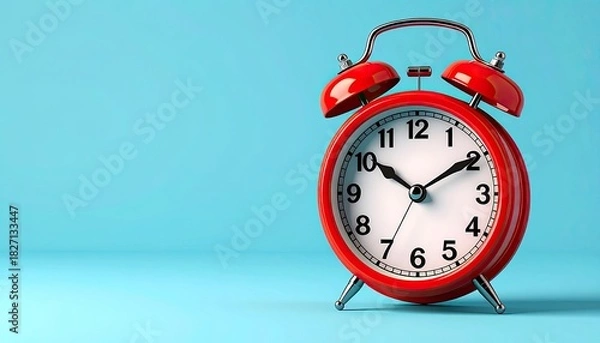 Fototapeta Red alarm clock on blue background. Showing time. Ready to ring