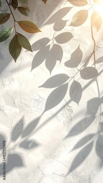 Fototapeta Branch with leaves casting shadows on a textured wall, sunlight shining
