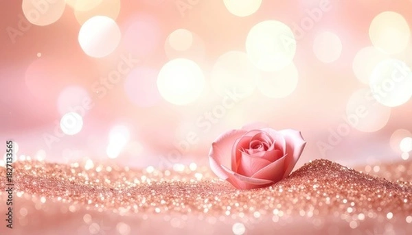 Fototapeta Delicate pink rose on glittering surface, soft bokeh background