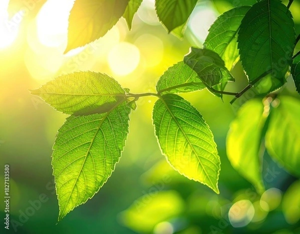 Fototapeta Sunlight shining through vibrant green leaves on a tree branch