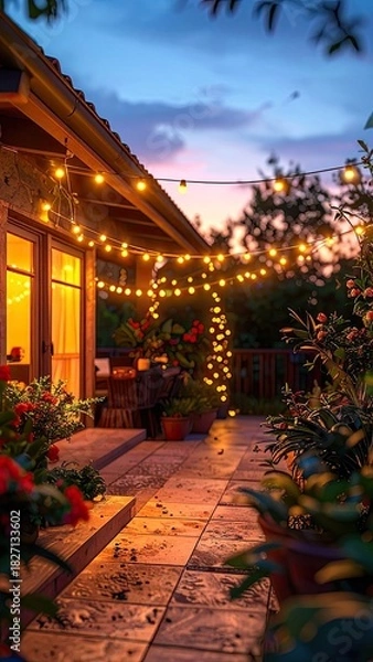 Fototapeta Cozy patio scene with string lights, flowers, and a warm sunset sky