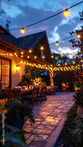 Fototapeta Backyard patio scene with string lights at dusk, inviting ambiance