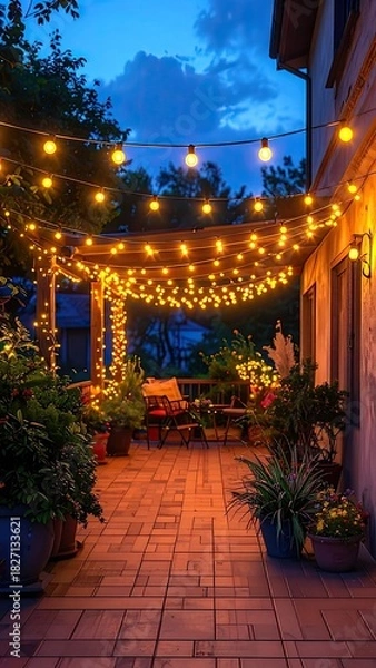 Fototapeta Evening patio scene, string lights glow, plants decorate the space, inviting ambience