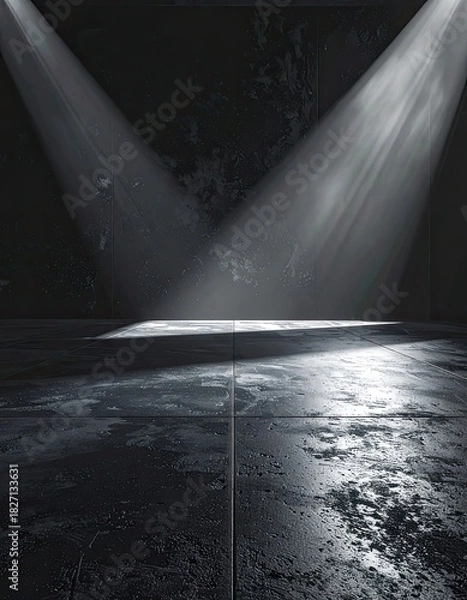 Fototapeta Dramatic lighting, empty stage with two spotlights, concrete floor, dark background
