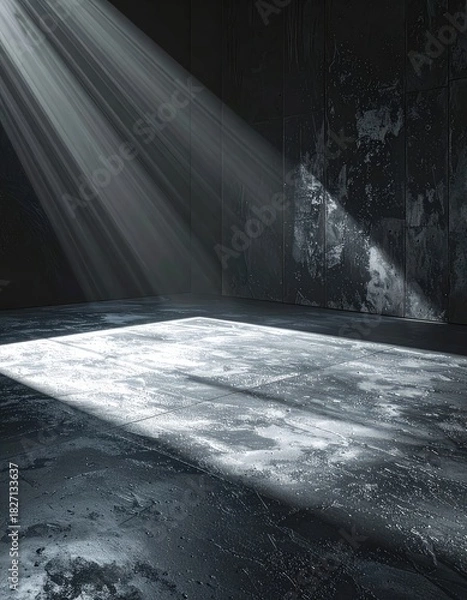 Fototapeta Dramatic light streams into a dark, empty room, illuminating the corner and floor
