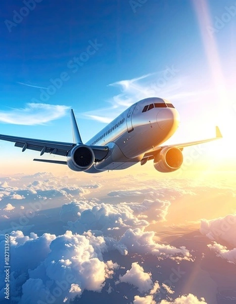 Fototapeta Airplane soaring above fluffy clouds towards bright, sunlit sky