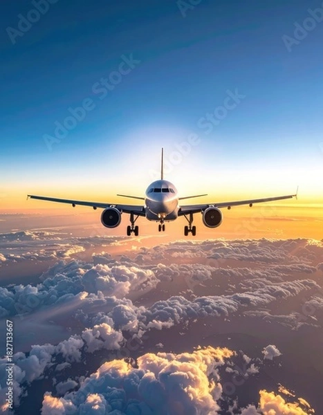 Fototapeta Jet aircraft in flight with sunlight piercing through fluffy clouds at dawn